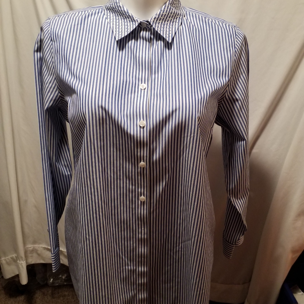 Blue and White Rhinestone Pinstripe Top